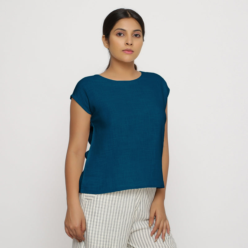 Front View of a Model wearing Teal Cotton Slub Straight Top
