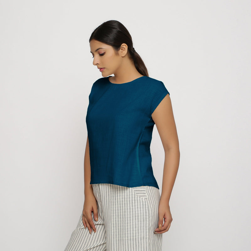 Left View of a Model wearing Teal Cotton Slub Straight Top