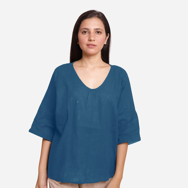 Front View of a Model wearing Teal Loose Fit Drop Shoulder Top