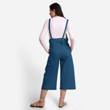 Back View of a Model wearing Teal Pinafore Midi Length Dungaree