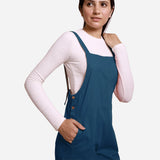 Front Detail of a Model wearing Teal Pinafore Midi Length Dungaree