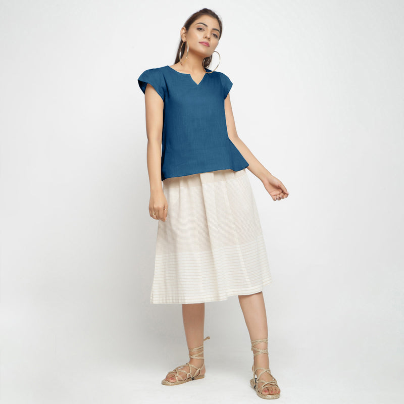 Front View of a Model wearing Teal Puff Sleeves Cotton A-Line Top