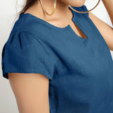 Front Detail of a Model wearing Teal Puff Sleeves Cotton A-Line Top