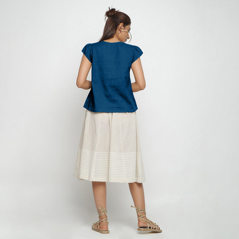Back View of a Model wearing Teal Puff Sleeves Cotton A-Line Top
