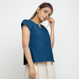 Right View of a Model wearing Teal Puff Sleeves Cotton A-Line Top