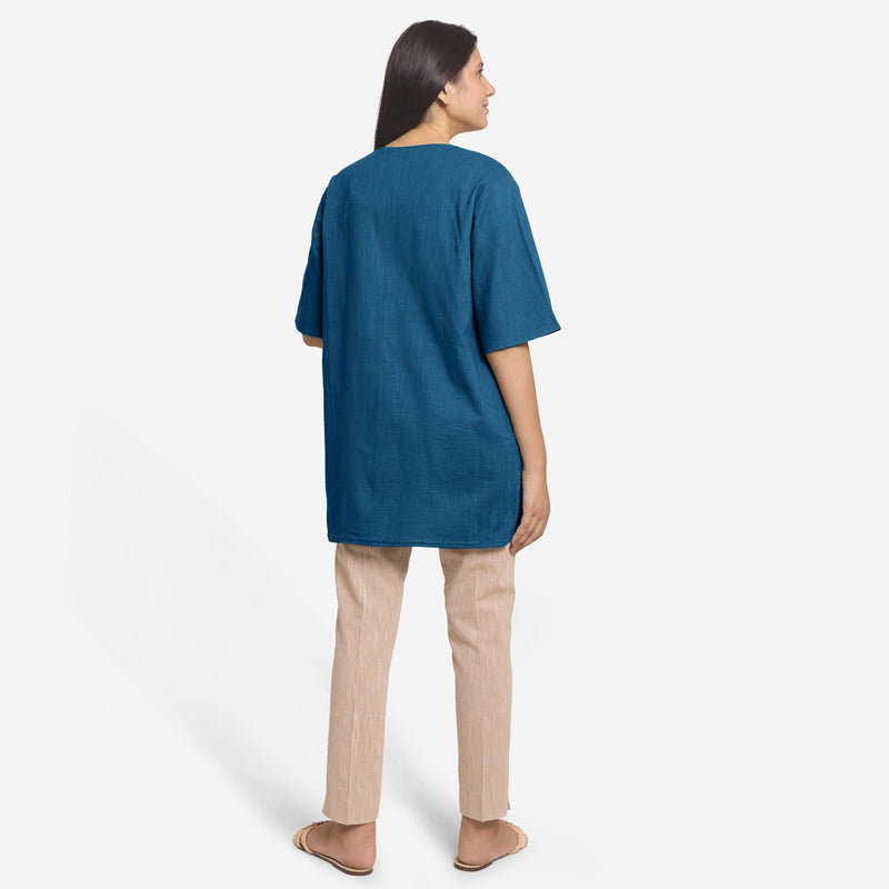 Back View of a Model wearing Teal Reversible Cotton Flax Front Open Overlay