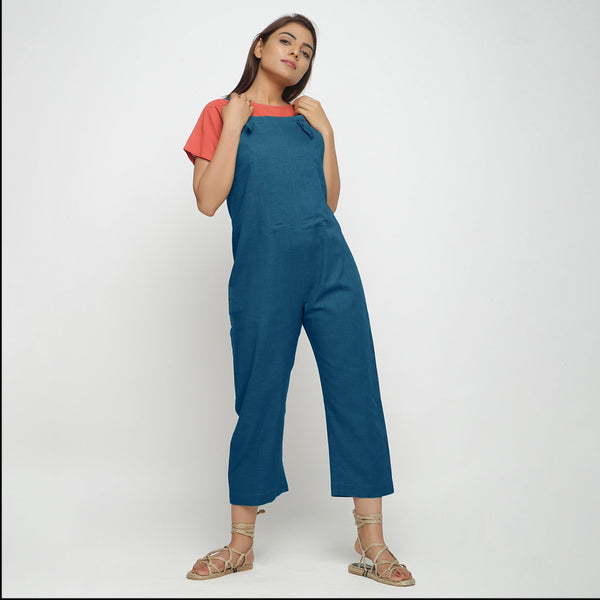 Front View of a Model wearing Teal Strap Sleeve Solid Dungaree