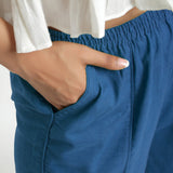 Right Detail of a Model wearing Teal Wide Legged Straight Pant