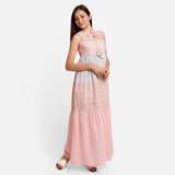 Right View of a Model wearing Powder Pink Boho Ankle Length Dress