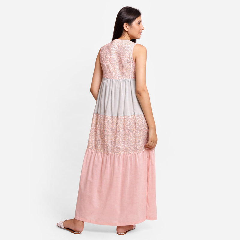 Back View of a Model wearing Powder Pink Boho Ankle Length Dress