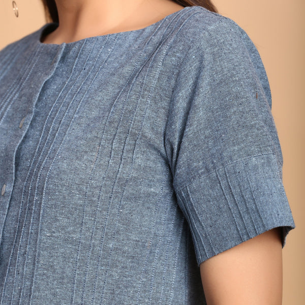 Front Detail of a Model wearing Turkish Blue Boat Neck Shirt