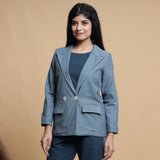Front View of a Model wearing Turkish Blue Comfort Fit Cotton Blazer