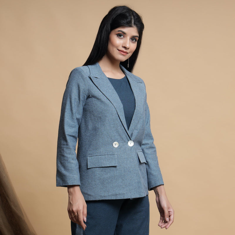 Right View of a Model wearing Turkish Blue Comfort Fit Cotton Blazer