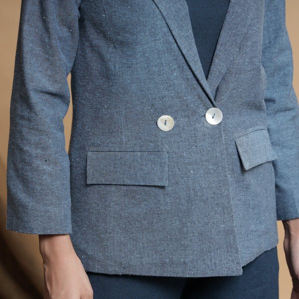 Front Detail of a Model wearing Turkish Blue Comfort Fit Cotton Blazer