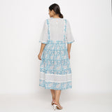 Back View of a Model wearing Turquoise Block Printed Cotton Midi Dress