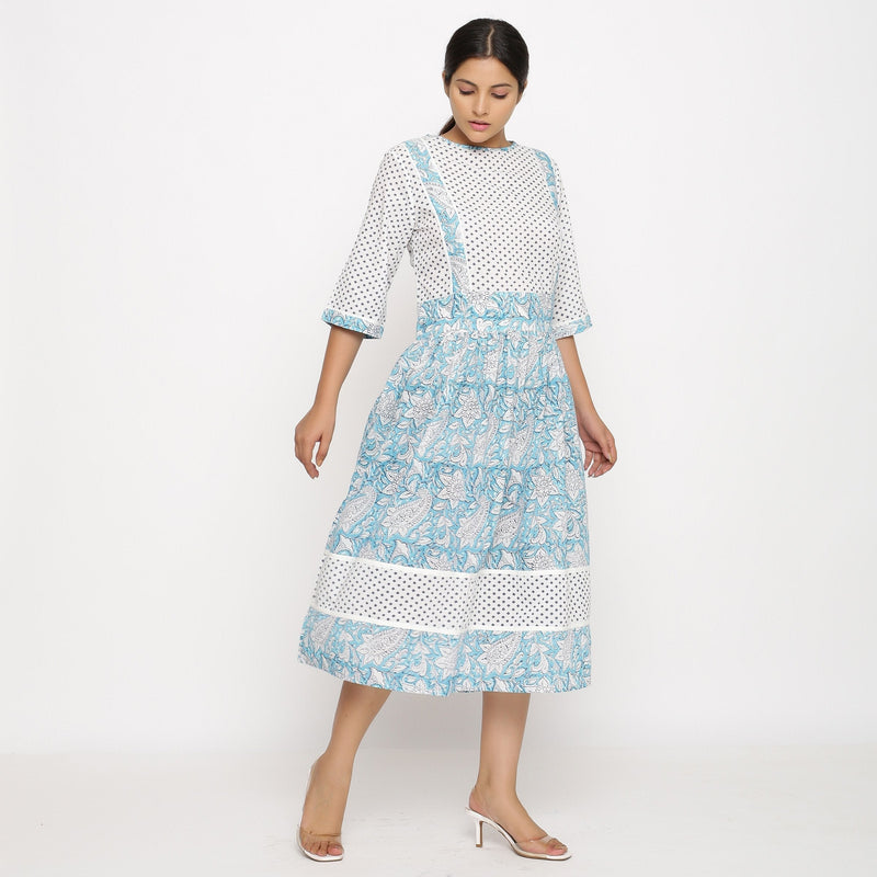 Right View of a Model wearing Turquoise Block Printed Cotton Midi Dress