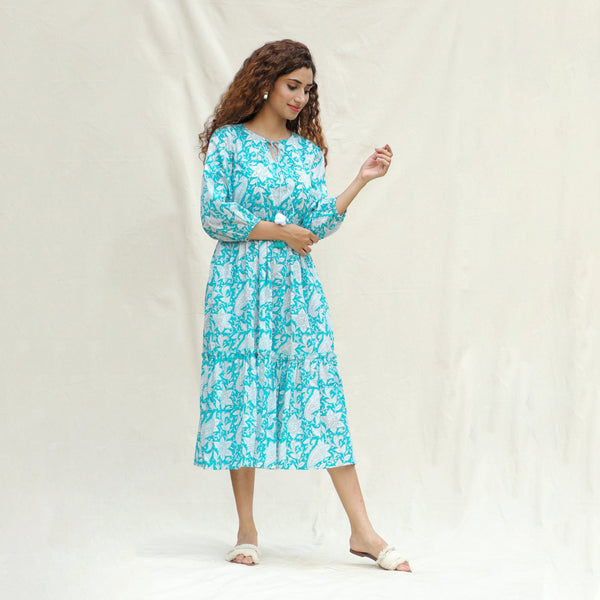 Front View of a Model wearing Turquoise Floral Block Printed Cotton Tier Midi Dress