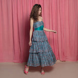 Right View of a Model wearing Twirly Teal Chanderi Cotton Block Print Ankle Length Dress