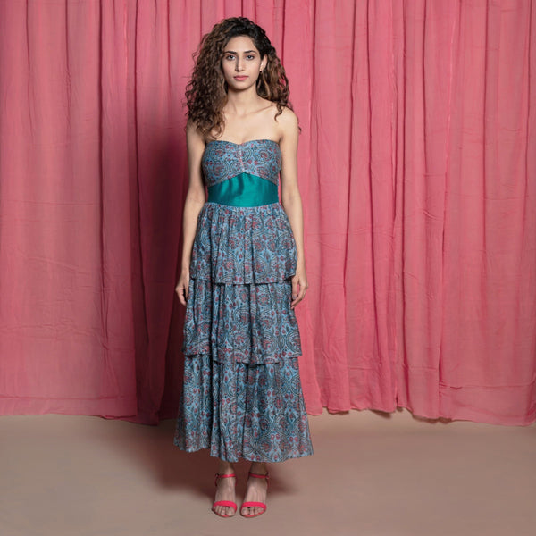 Front View of a Model wearing Twirly Teal Chanderi Cotton Block Print Ankle Length Dress
