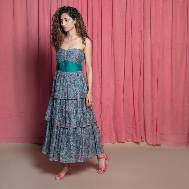 Left View of a Model wearing Twirly Teal Chanderi Cotton Block Print Ankle Length Dress