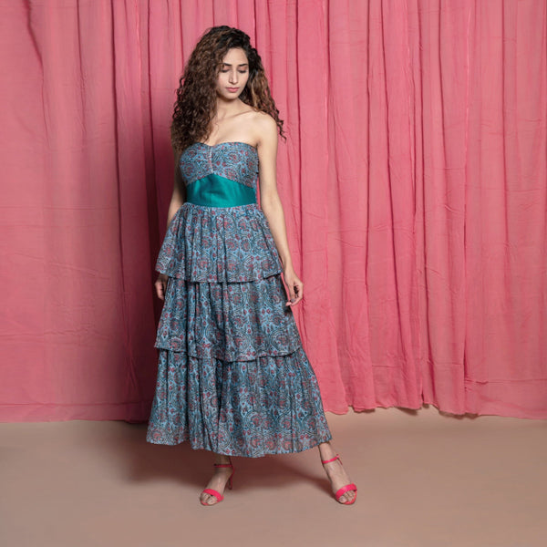 Front View of a Model wearing Twirly Teal Chanderi Cotton Block Print Ankle Length Dress