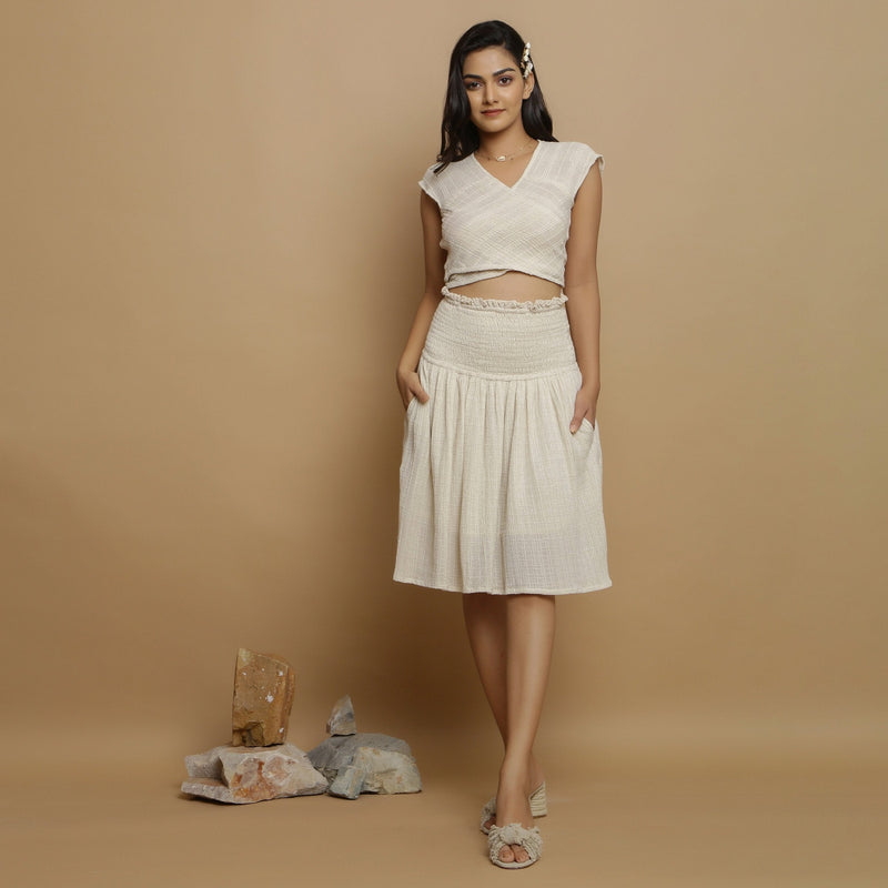Front View of a Model wearing Undyed Cotton Flax Frilled Skirt