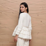 Back View of a Model wearing Undyed Cotton Jute Laced Peplum Top