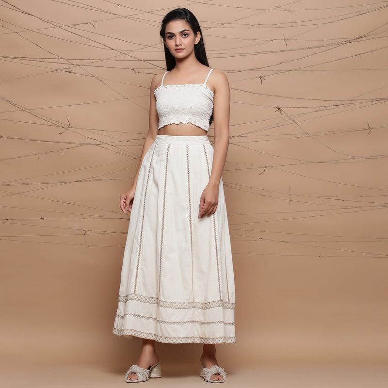 Front View of a Model wearing Undyed Cotton Jute Laced Flared Skirt