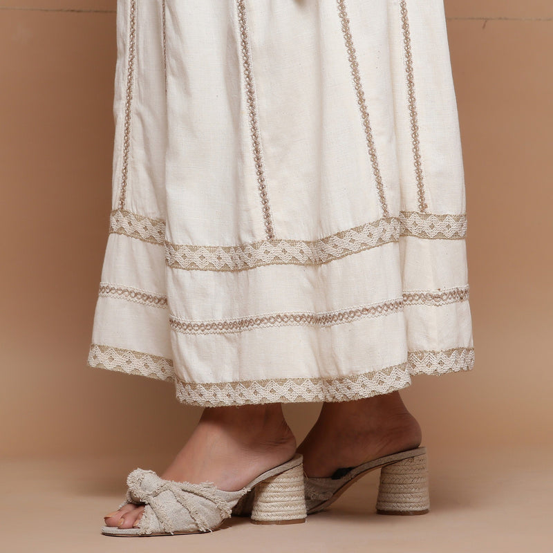 Close View of a Model wearing Undyed Cotton Jute Laced Flared Skirt