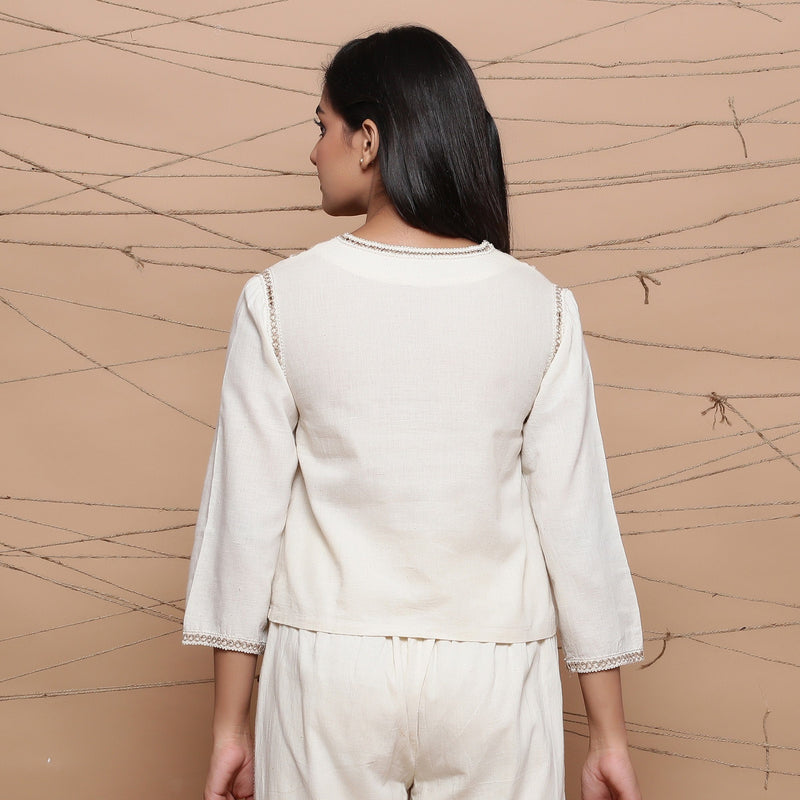 Back View of a Model wearing Undyed V-Neck Jute Laced Straight Top