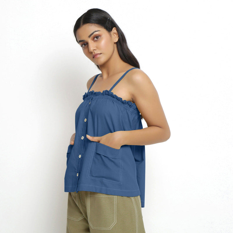 Left View of a Model wearing Vegetable-Dyed Blue 100% Cotton Cami Top