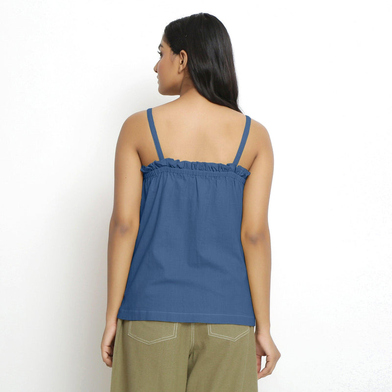 Back View of a Model wearing Vegetable-Dyed Blue 100% Cotton Cami Top