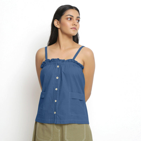 Front View of a Model wearing Vegetable-Dyed Blue 100% Cotton Cami Top