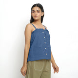Right View of a Model wearing Vegetable-Dyed Blue 100% Cotton Cami Top