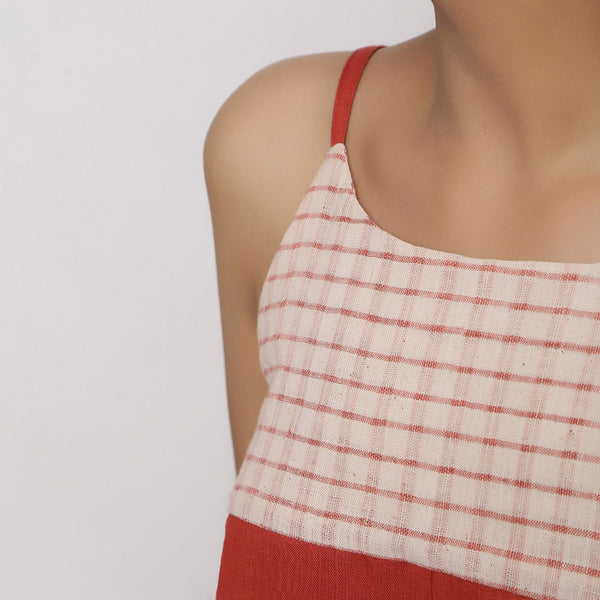 Front Detail of a Model wearing Vegetable Dyed Brick Red Spaghetti Top
