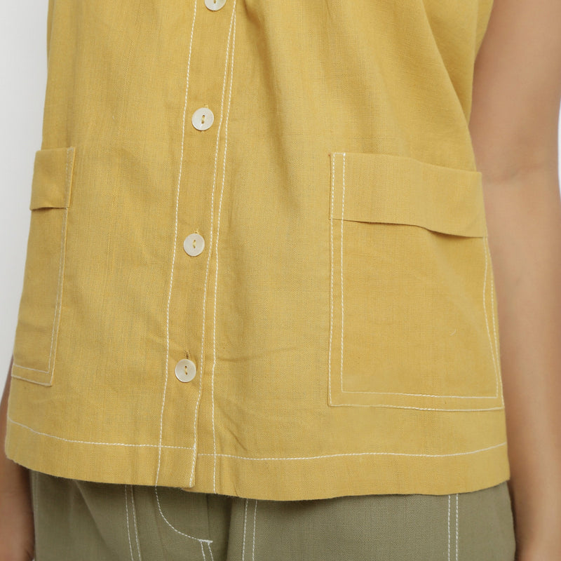 Front Detail of a Model wearing Light Yellow Patch Pocket Vegetable Dyed Handspun Cotton Camisole Top
