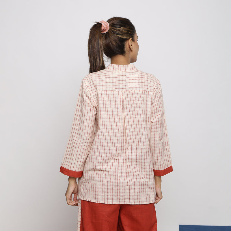 Back View of a Model wearing Off-White and Red Vegetable Dyed Handspun Cotton Mandarin Collar Shirt
