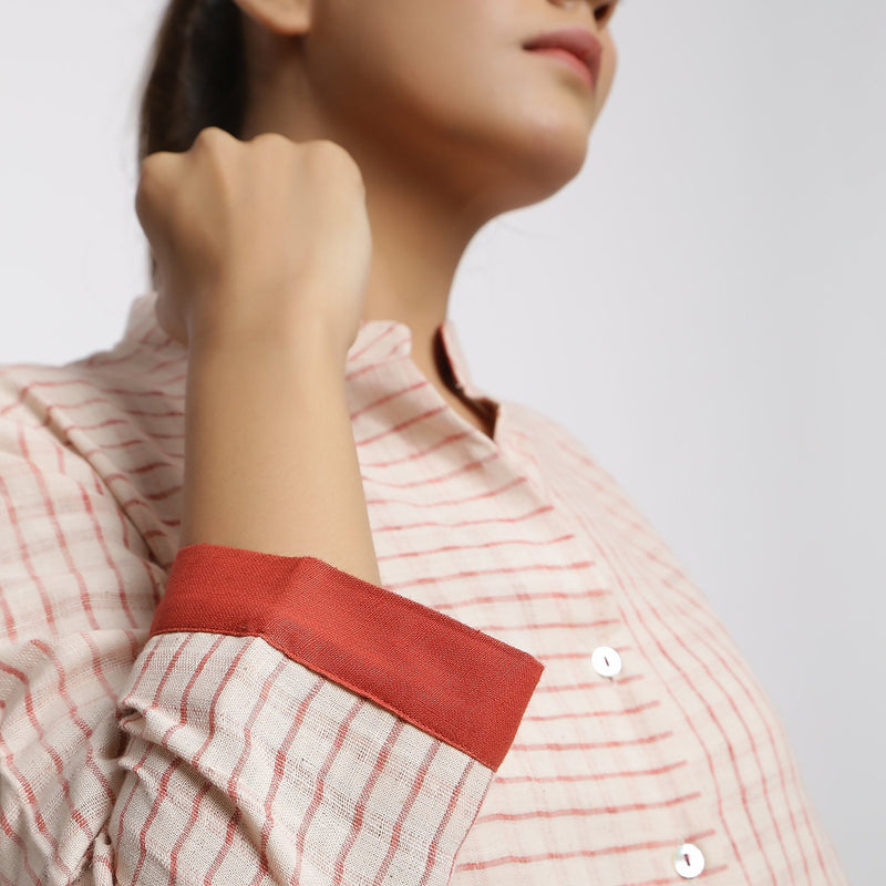 Front Detail of a Model wearing Off-White and Red Vegetable Dyed Handspun Cotton Mandarin Collar Shirt