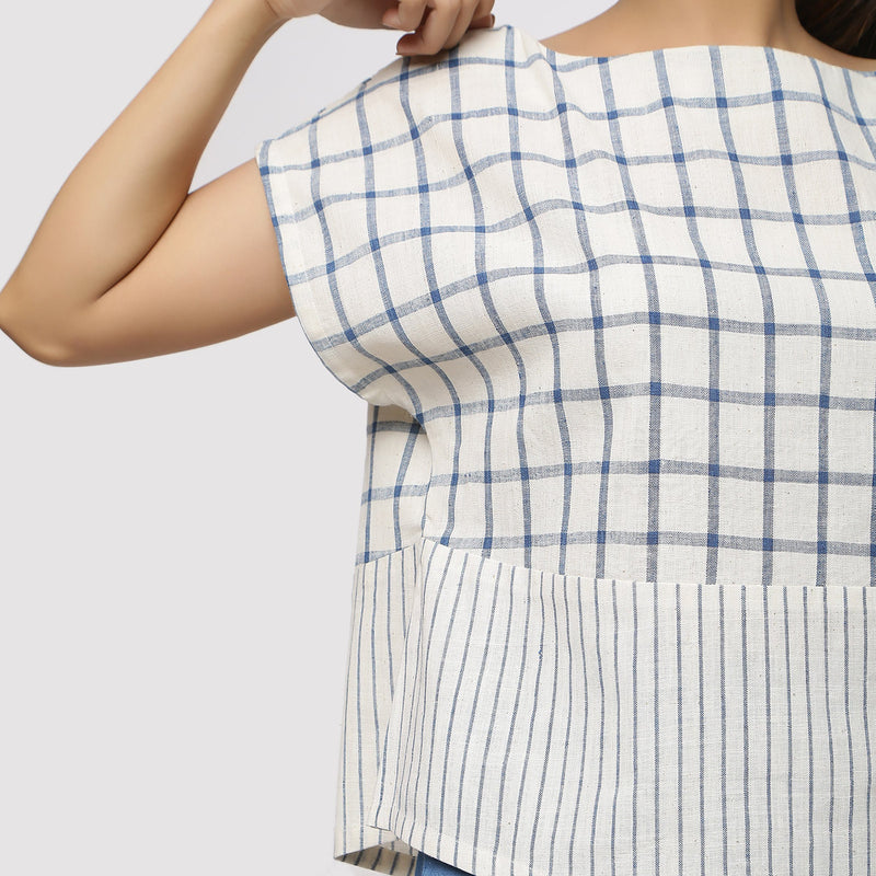 Right Detail of a Model wearing Vegetable Dyed Checkered Straight Top