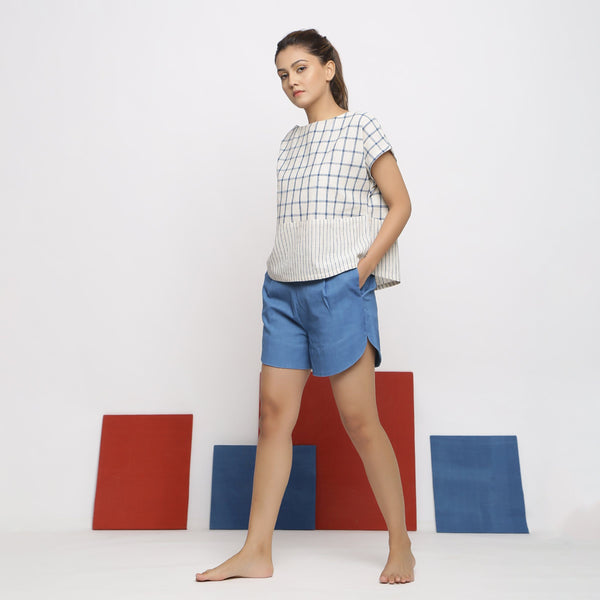 Right View of a Model wearing Vegetable Dyed Checkered Straight Top