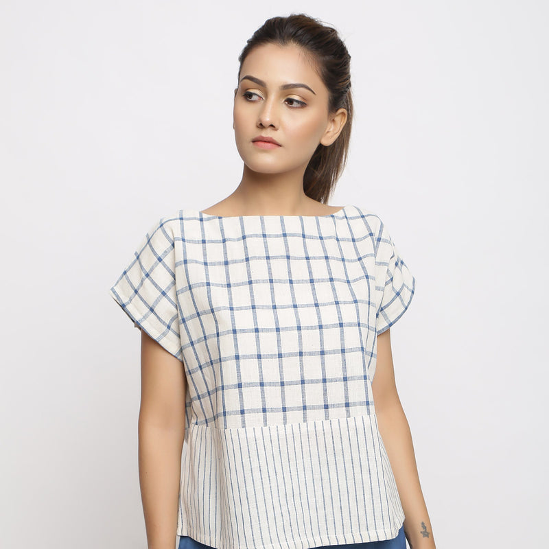Front View of a Model wearing Vegetable Dyed Checkered Straight Top