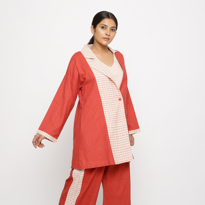 Right View of a Model wearing Vegetable Dyed Cotton Paneled Outerwear