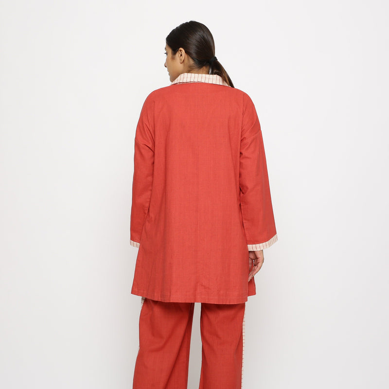 Back View of a Model wearing Vegetable Dyed Cotton Paneled Outerwear