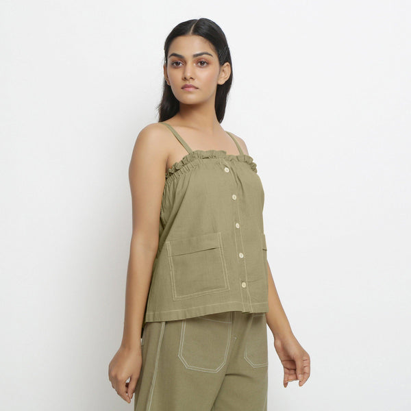Right View of a Model wearing Vegetable-Dyed Green 100% Cotton Cami Top