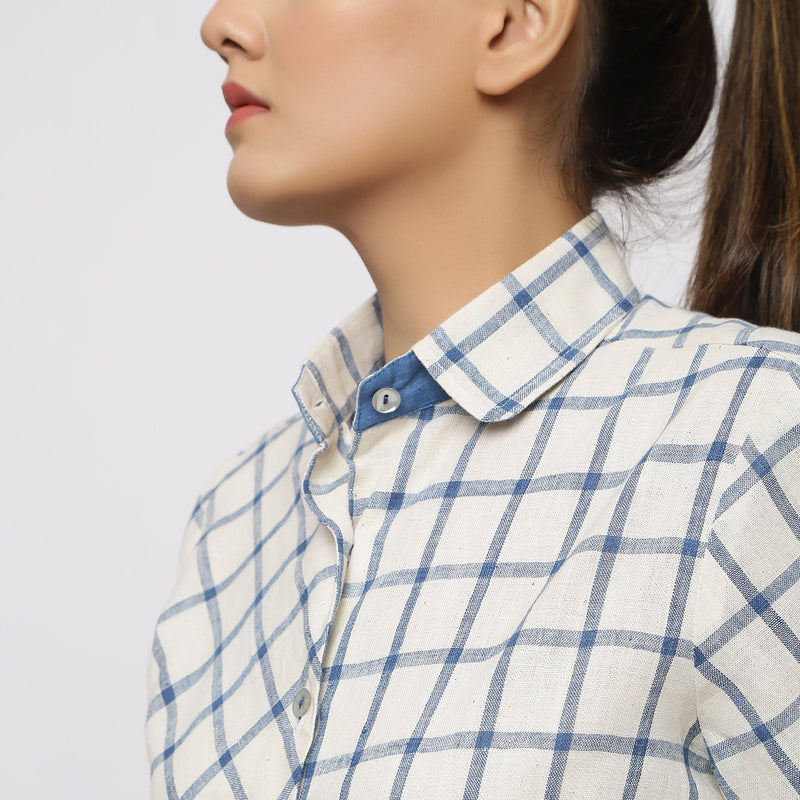 Front Detail of a Model wearing Off-White and Blue Vegetable Dyed Cotton Checkered Peter Pan Collar Shirt