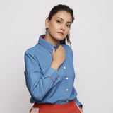Right View of a Model wearing Vegetable Dyed Solid Button-Down Shirt