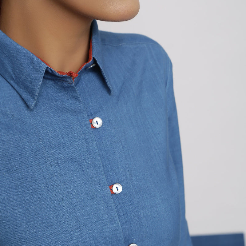 Front Detail of a Model wearing Vegetable Dyed Solid Button-Down Shirt