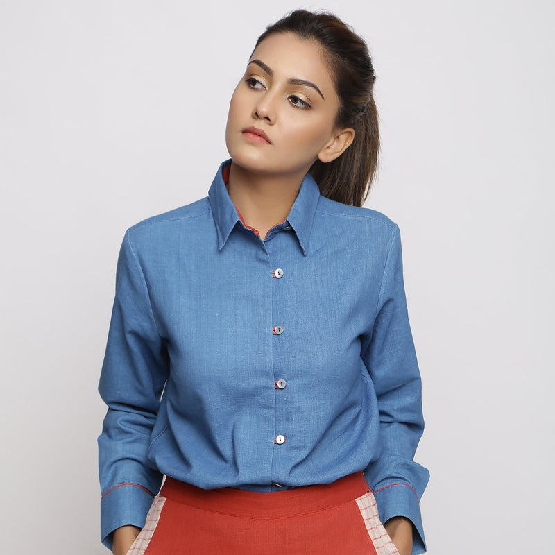 Front View of a Model wearing Vegetable Dyed Solid Button-Down Shirt