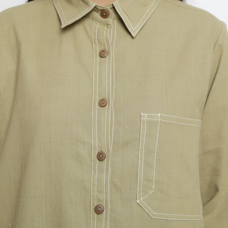 Front Detail of a Model wearing Khakhi Green Vegetable Dyed Cotton Button-Down Shirt
