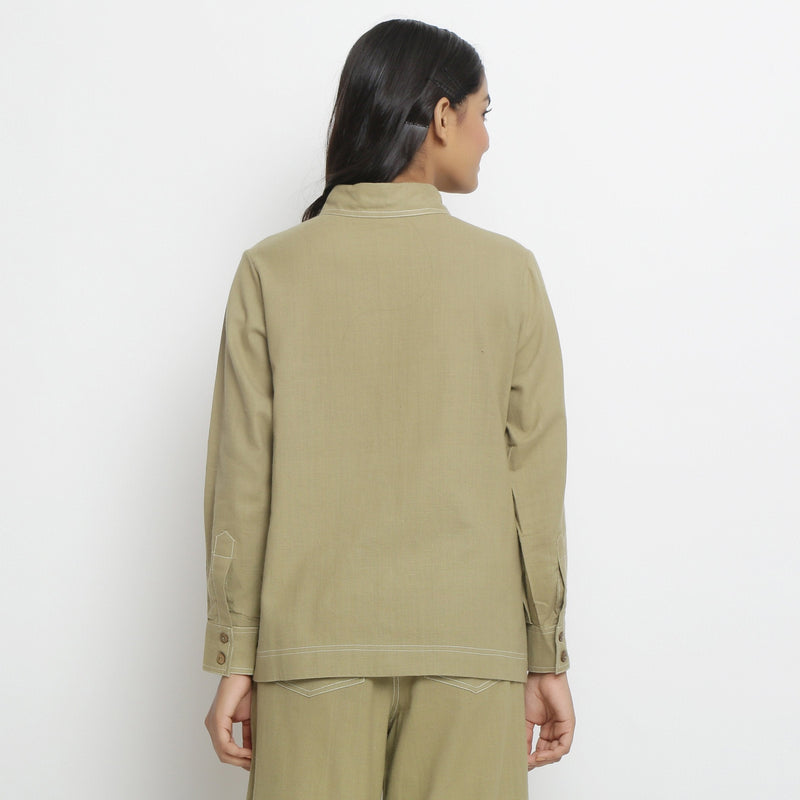 Back View of a Model wearing Khakhi Green Vegetable Dyed Cotton Button-Down Shirt